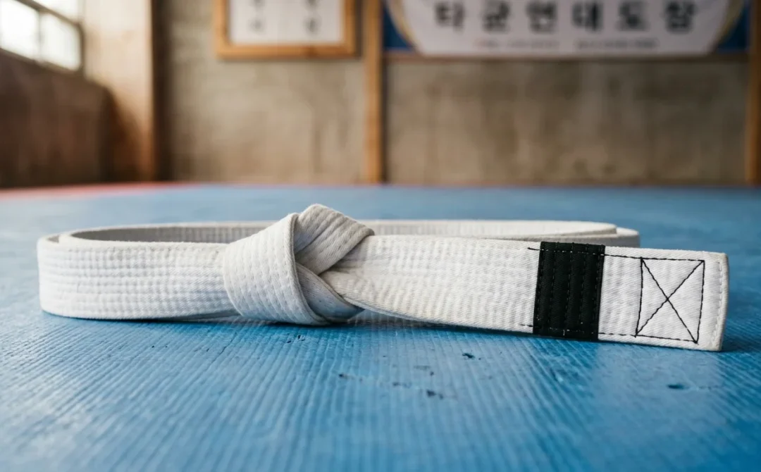 Ceinture blanche taekwondo avec barrette noire sur tatami, symbolisant un grade débutant.