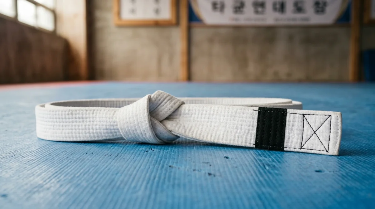 Ceinture blanche taekwondo avec barrette noire sur tatami, symbolisant un grade débutant.