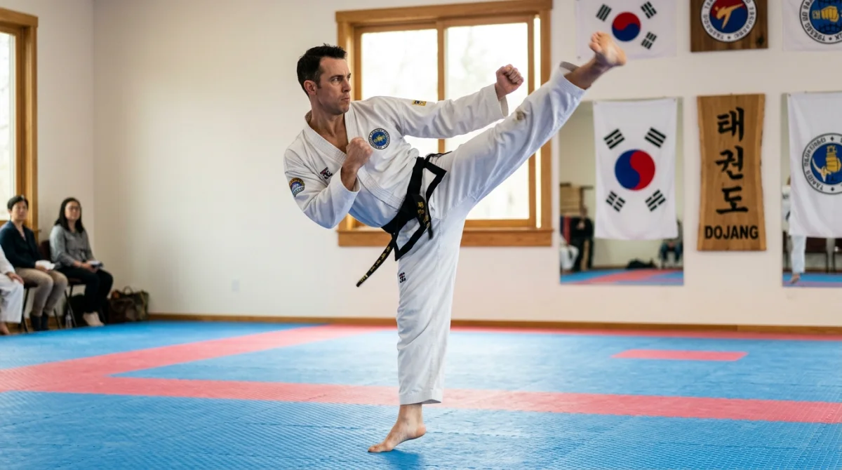 Pratiquant de taekwondo exécutant un coup de pied puissant en plein mouvement sur tatami.