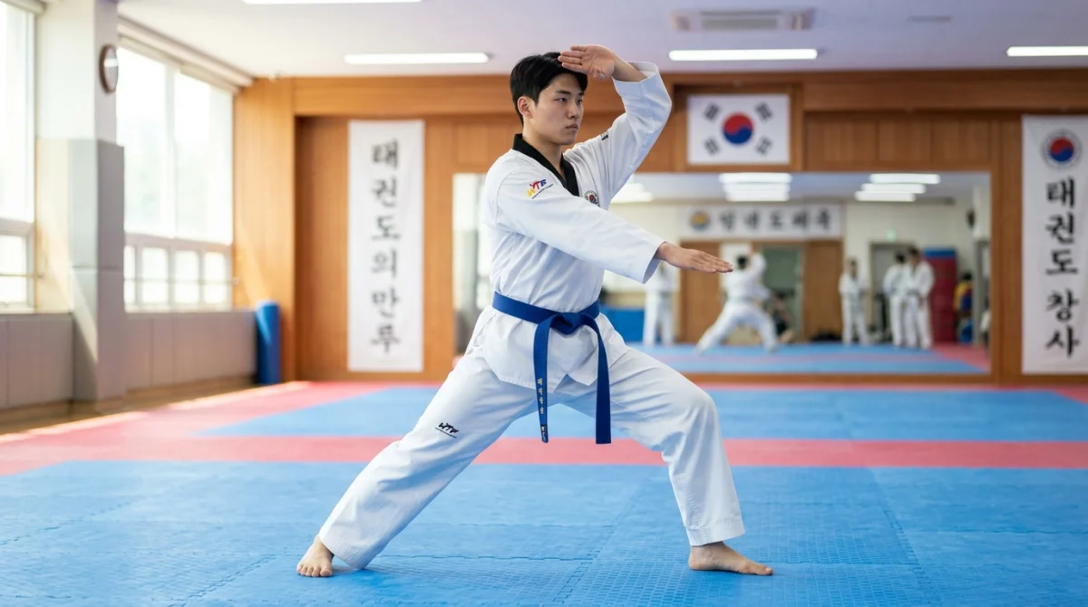 Pratiquant de taekwondo en pleine exécution du Poomsae 4, posture stable et concentrée.