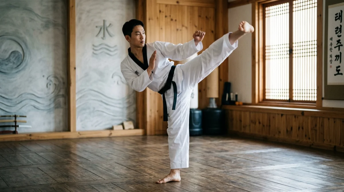 Pratiquant de taekwondo exécutant le poomsae 6, techniques de blocage et de coup de pied.