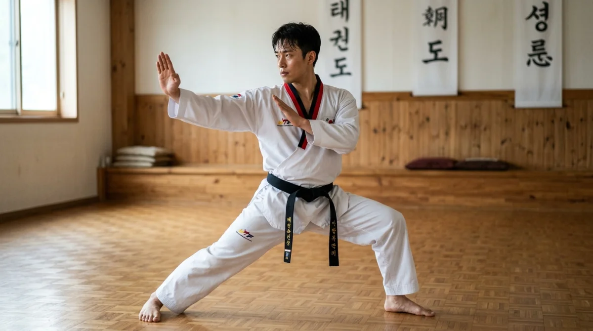 Pratiquant de taekwondo en pleine exécution du poomsae 7, posture dynamique et concentrée.
