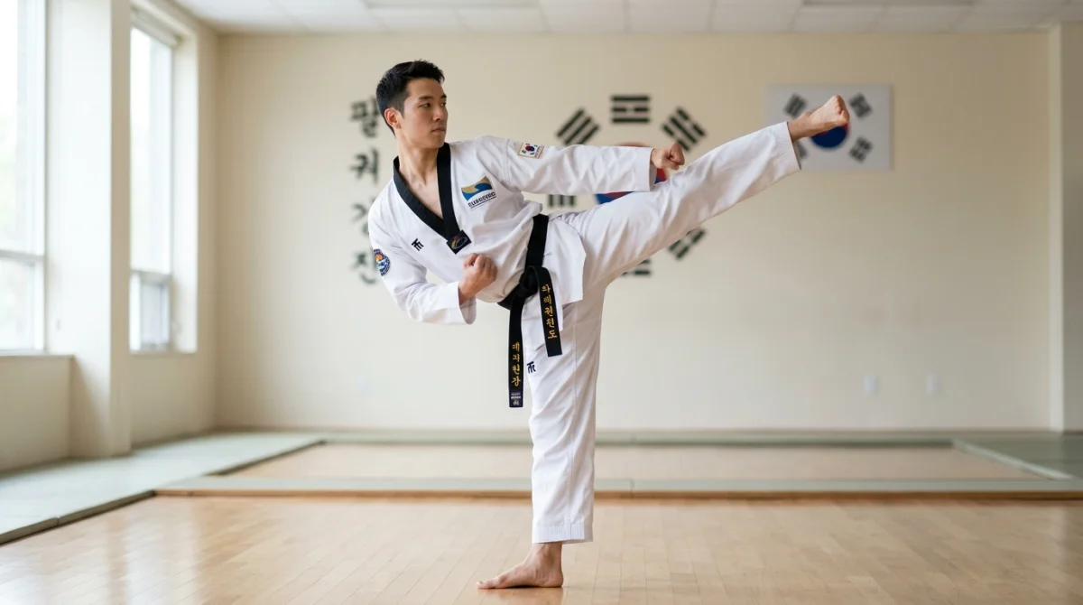 Pratiquant de taekwondo en plein mouvement du poomsae 8, Taegeuk Pal Jang, dans un dojang lumineux.