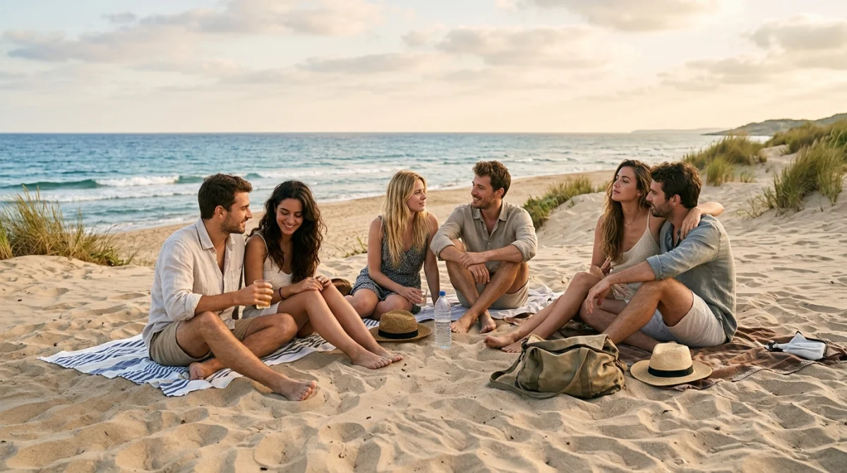 Amis détendus sur plage isolée, connexion et sérénité, taekwondo film