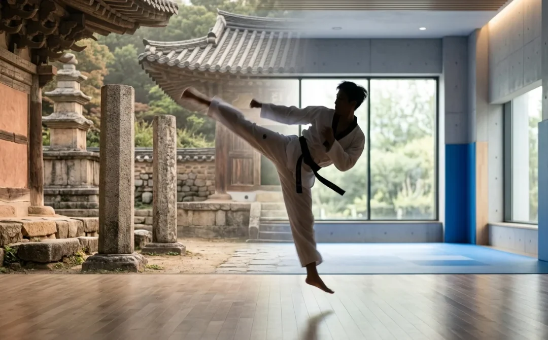 Pratiquant de taekwondo en mouvement, symbolisant l'origine historique et moderne de l'art martial coréen.