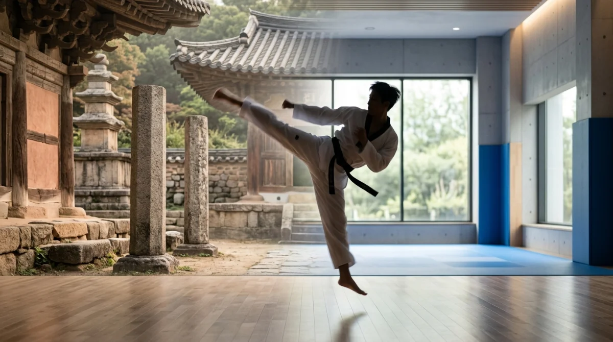 Pratiquant de taekwondo en mouvement, symbolisant l'origine historique et moderne de l'art martial coréen.