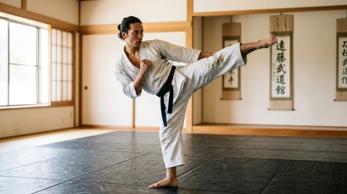 Pratiquant d'arts martiaux exécutant un coup de pied circulaire dynamique dans un dojo.