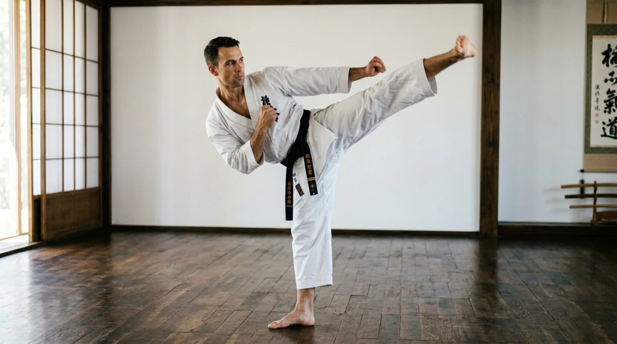 Karatéka en position de coup de pied circulaire en plein dojo, mouvement dynamique