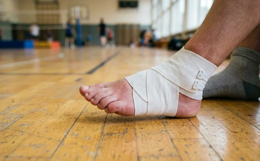 Entorse du coup de pied : pied gonflé et bandé sur un sol de gymnase.