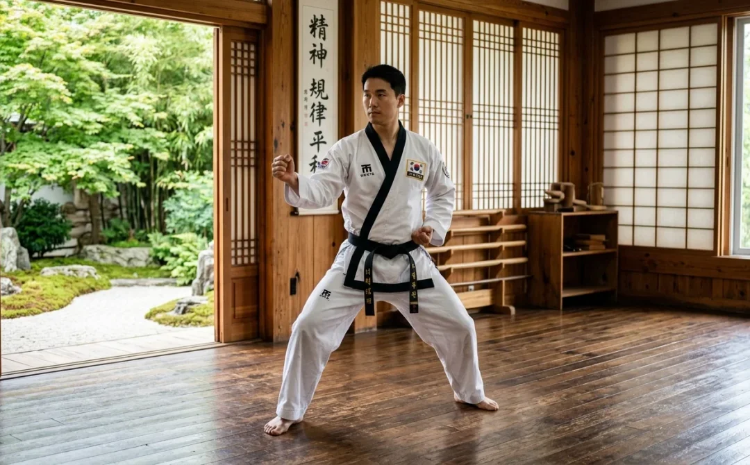 Pratiquant d'arts martiaux coréens en tenue traditionnelle dans un dojang serein avec vue sur un jardin zen.