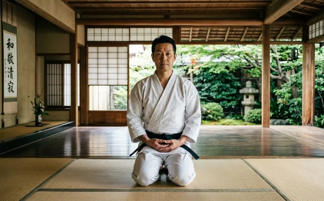 Pratiquant en kimono blanc saluant respectueusement dans un dojo traditionnel en bois, symbole des arts martiaux japonais.