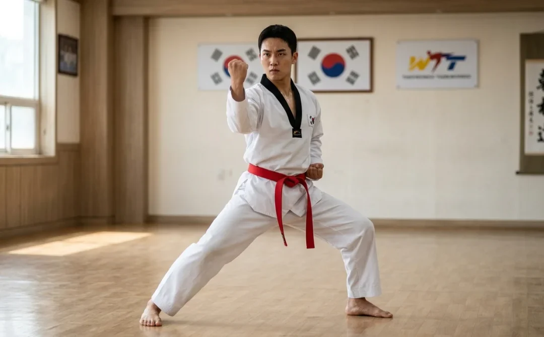 Pratiquant de taekwondo exécutant le poomsae 5 avec concentration et précision dans un dojang.