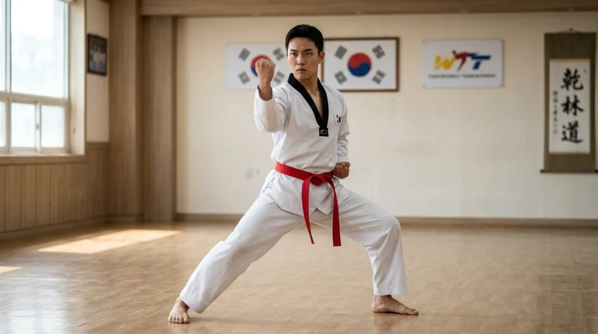 Pratiquant de taekwondo exécutant le poomsae 5 avec concentration et précision dans un dojang.