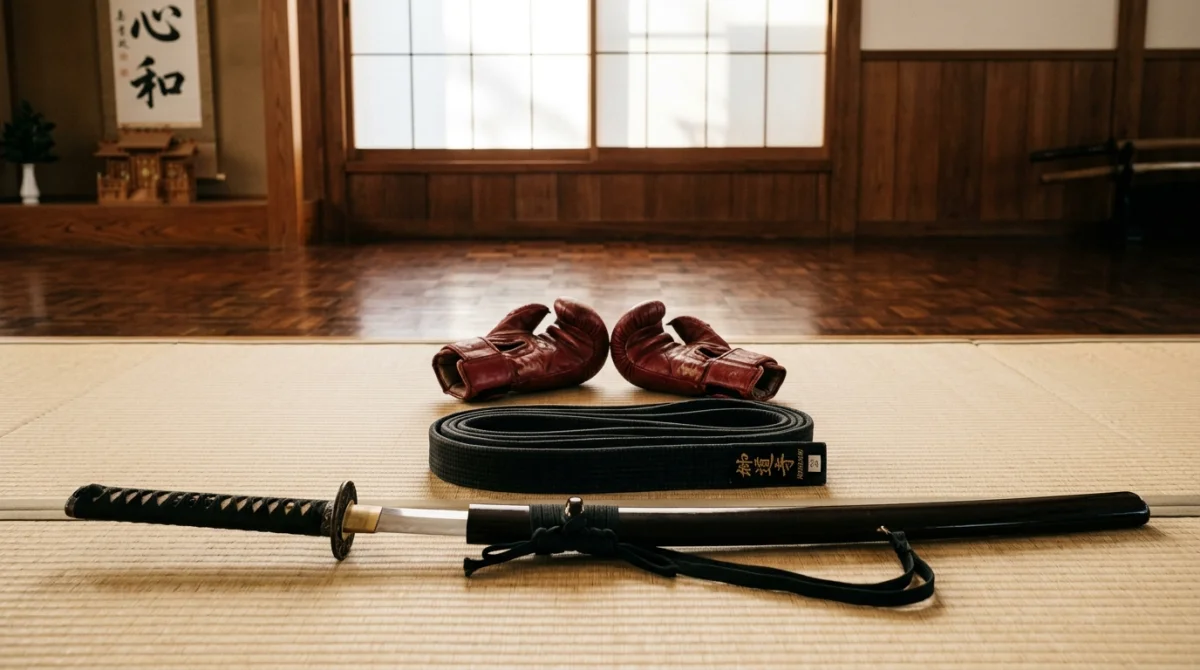 Accessoires d'arts martiaux lyonnais incluant katana, gants et ceinture noire dans un dojo traditionnel japonais apaisant.
