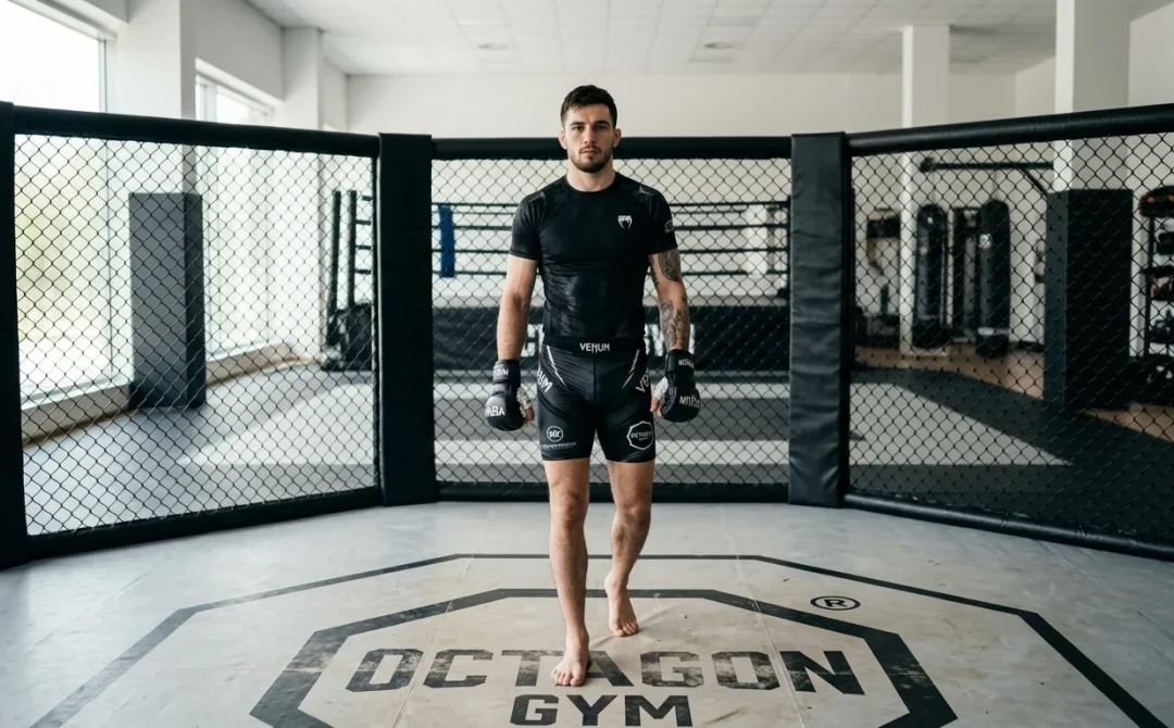Combattant professionnel de KOF MMA debout au centre d'une cage d'entraînement dans une salle moderne et lumineuse.