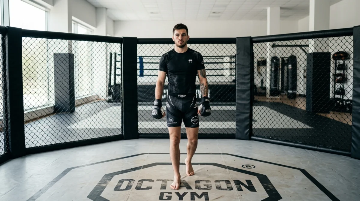 Combattant professionnel de KOF MMA debout au centre d'une cage d'entraînement dans une salle moderne et lumineuse.