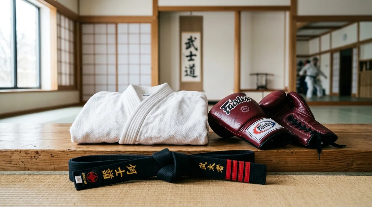 Kimono, gants et ceinture noire disposés sur un tatami pour illustrer la pratique des arts martiaux lyonnais.