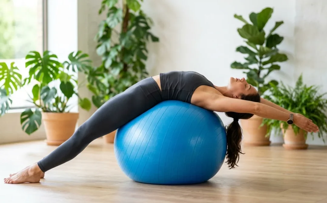 Personne pratiquant un étirement des abdos en extension sur un ballon de gym dans un studio lumineux.