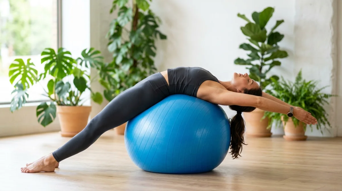 Personne pratiquant un étirement des abdos en extension sur un ballon de gym dans un studio lumineux.