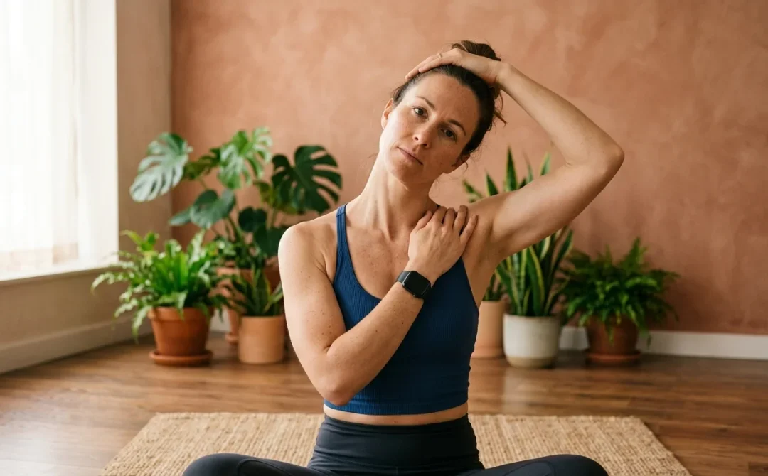 Personne pratiquant un étirement des trapèzes pour soulager les tensions cervicales dans un studio de yoga lumineux.