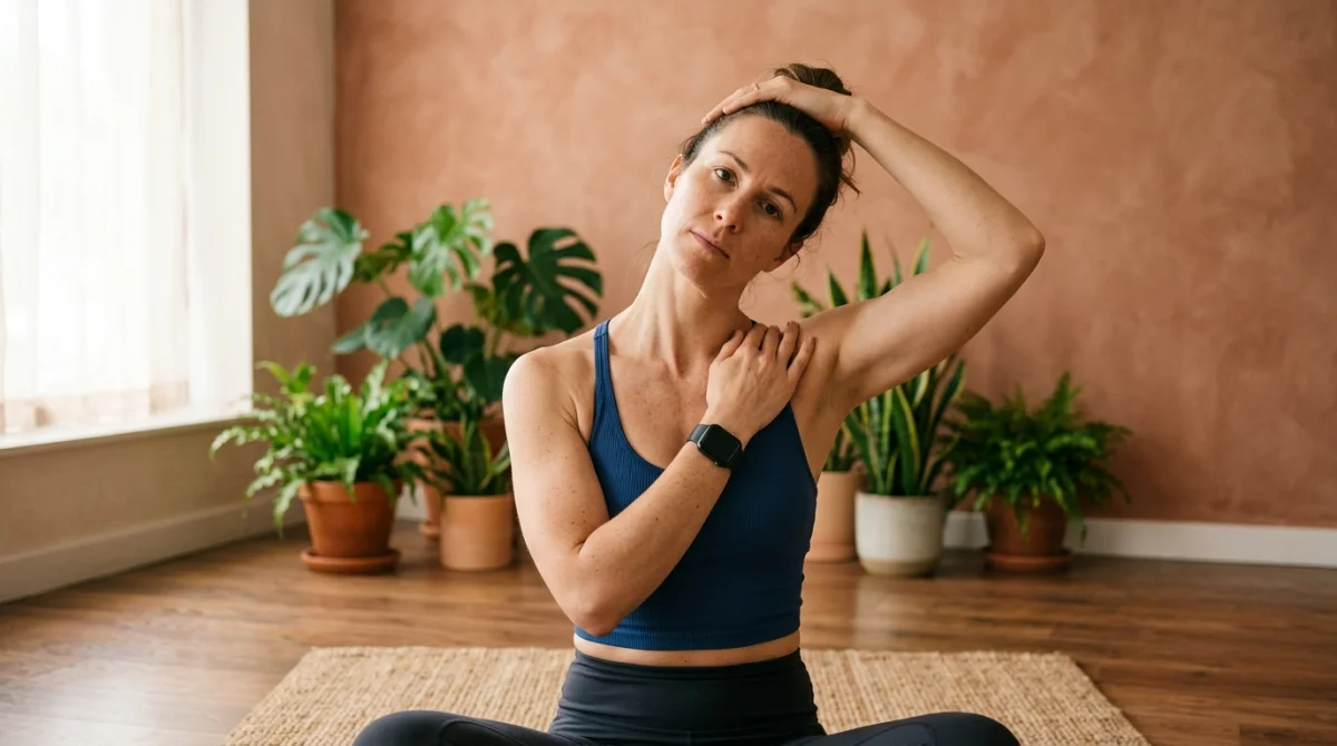 Personne pratiquant un étirement des trapèzes pour soulager les tensions cervicales dans un studio de yoga lumineux.