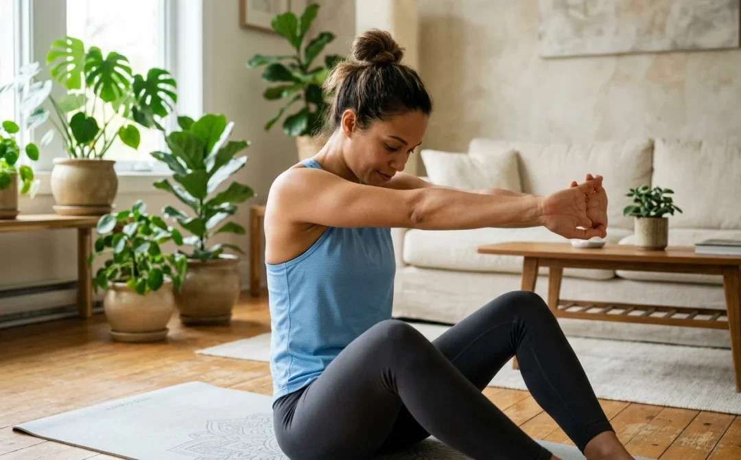 Personne pratiquant un étirement du haut du dos dans un salon lumineux pour apprendre comment étirer le haut du dos.