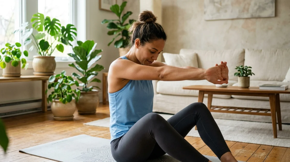 Personne pratiquant un étirement du haut du dos dans un salon lumineux pour apprendre comment étirer le haut du dos.