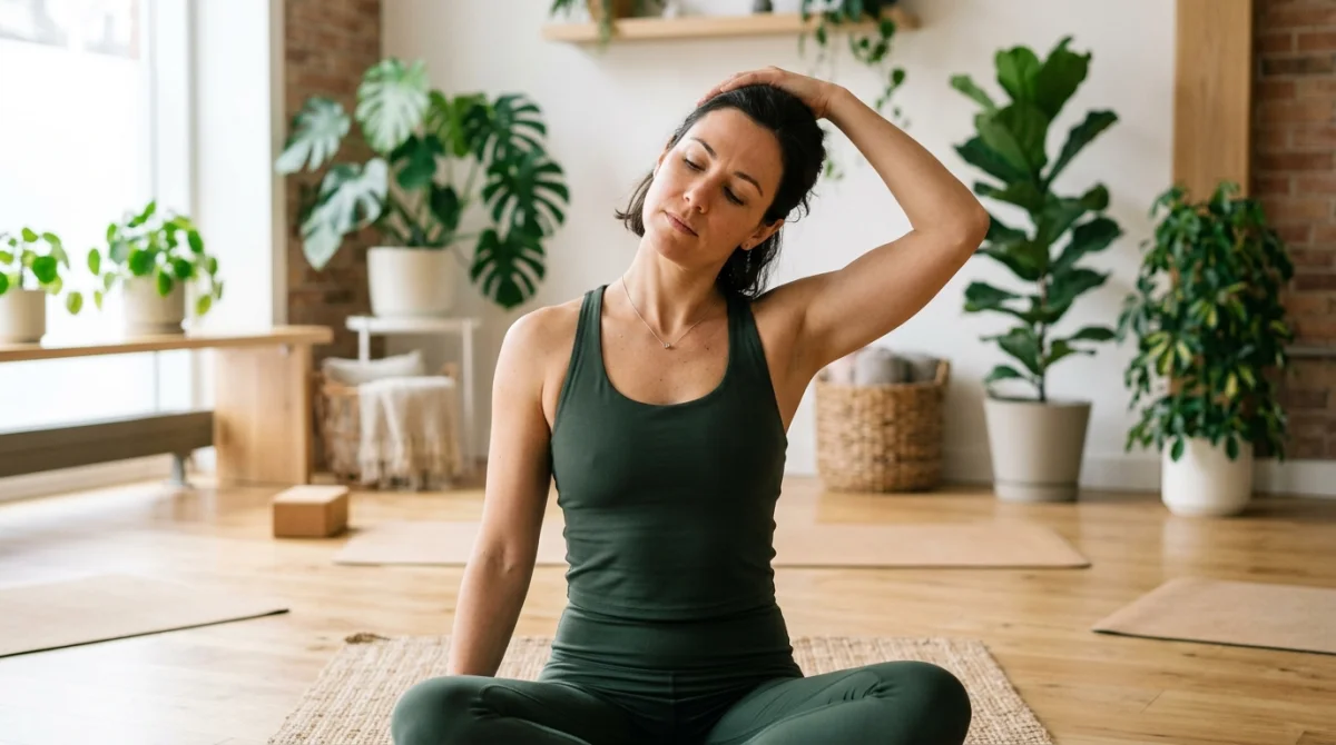 Personne pratiquant un étirement des trapèzes pour apprendre comment étirer le haut du dos en studio de yoga.