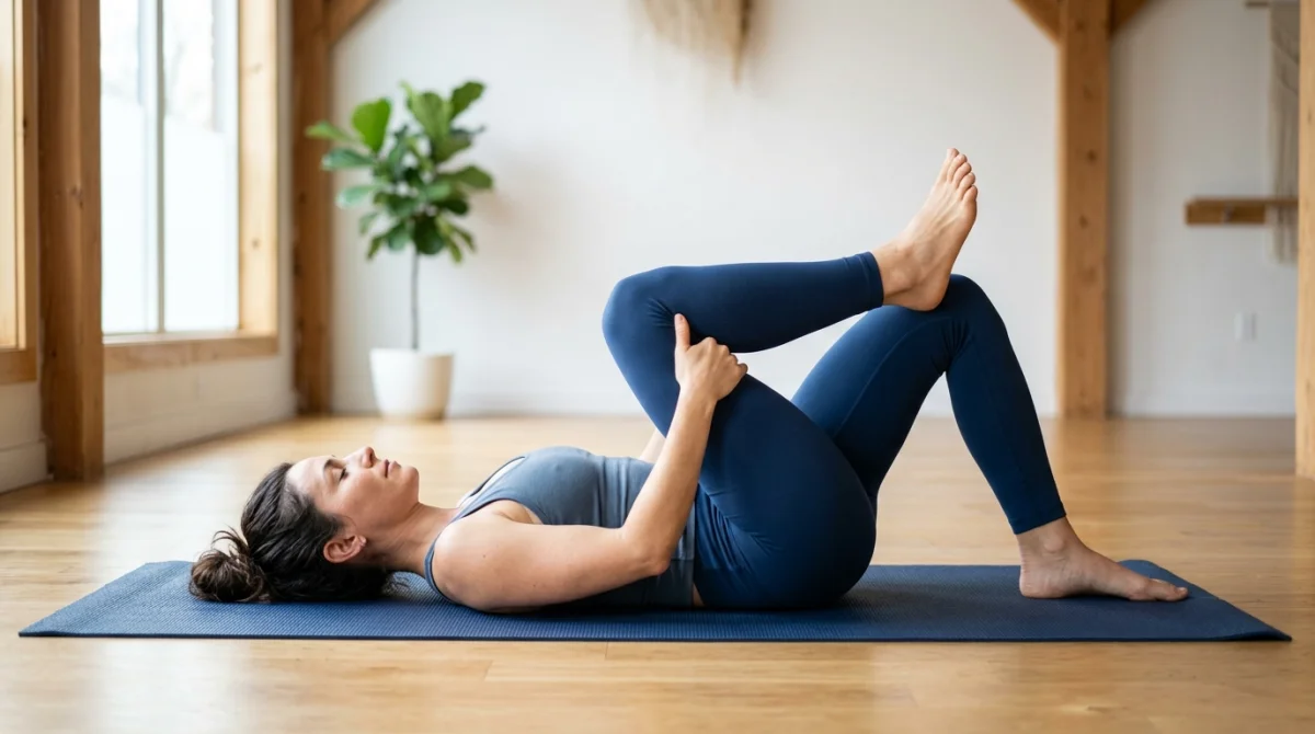 Personne réalisant un étirement du muscle piriforme sur un tapis de yoga pour savoir comment étirer le nerf sciatique.