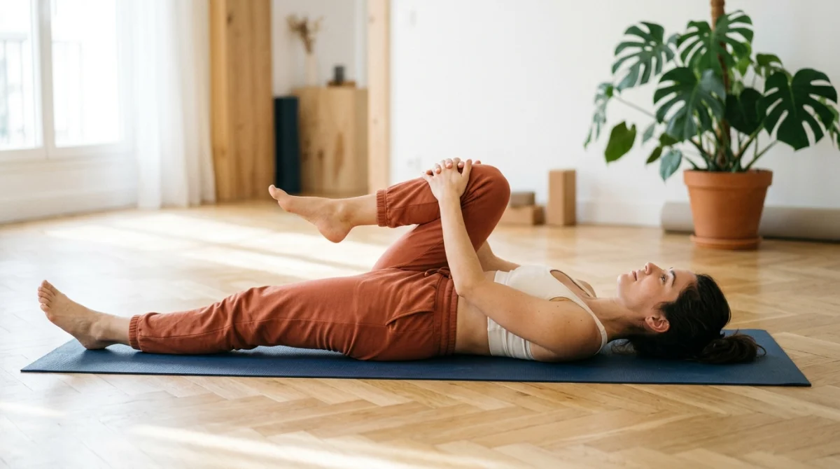 Personne allongée sur un tapis de yoga effectuant un étirement pour soulager et comment étirer le nerf sciatique.