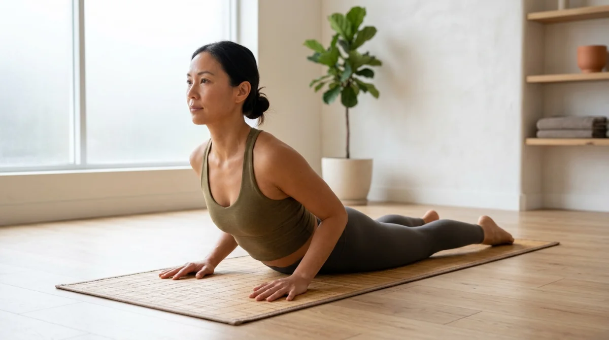 Personne pratiquant la posture du cobra sur un tapis pour apprendre comment étirer les abdos efficacement.