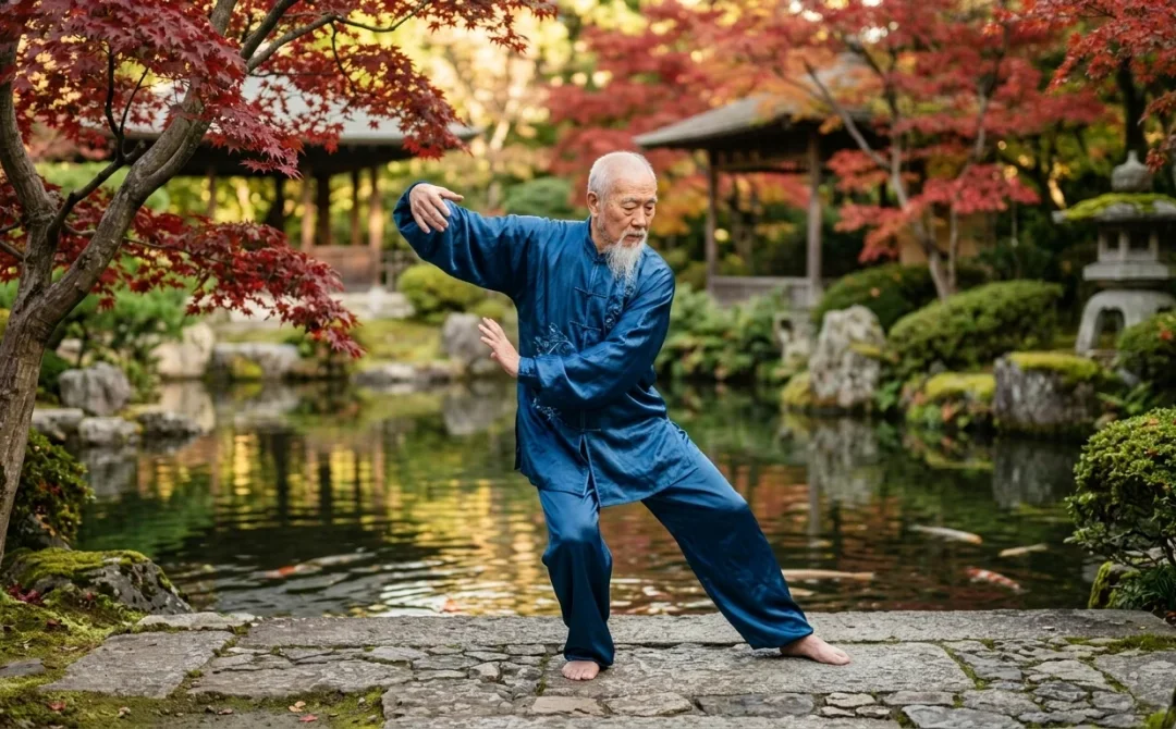 Maître pratiquant un art martial chinois dans un jardin zen paisible aux érables rouges.