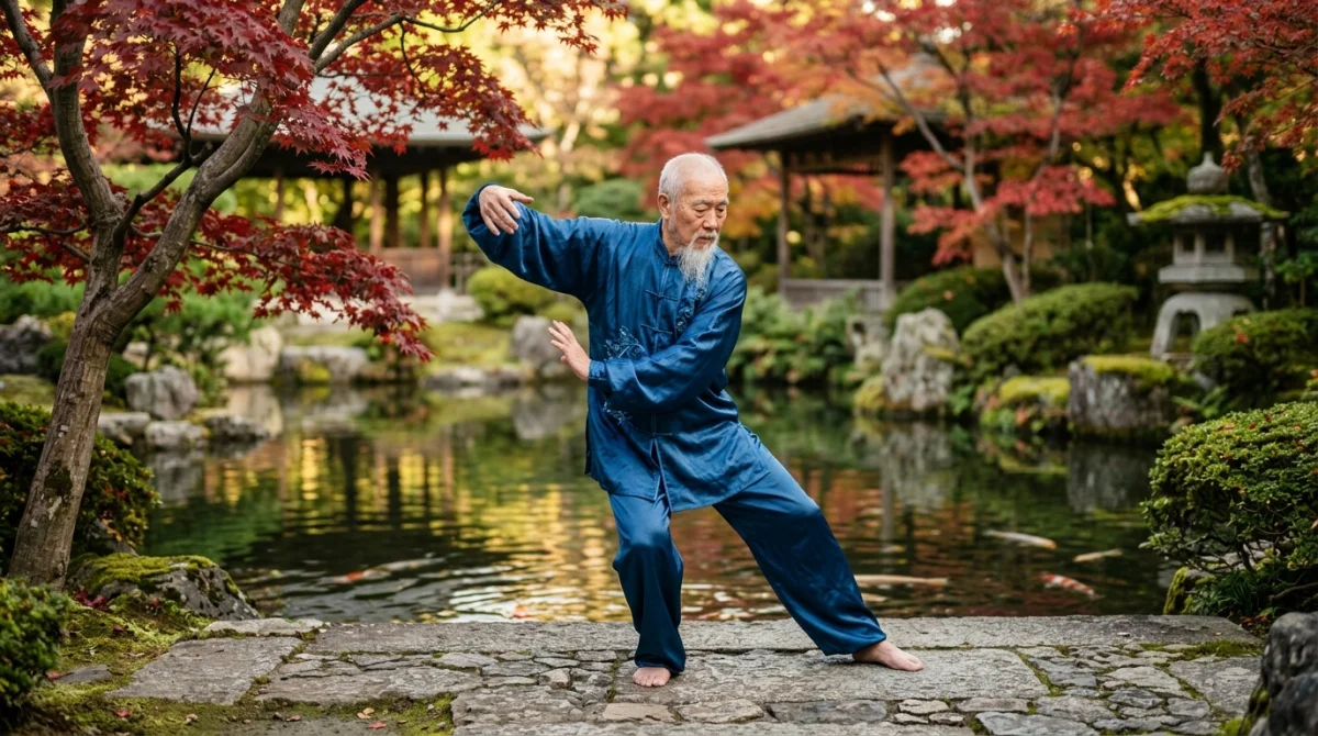 Maître pratiquant un art martial chinois dans un jardin zen paisible aux érables rouges.