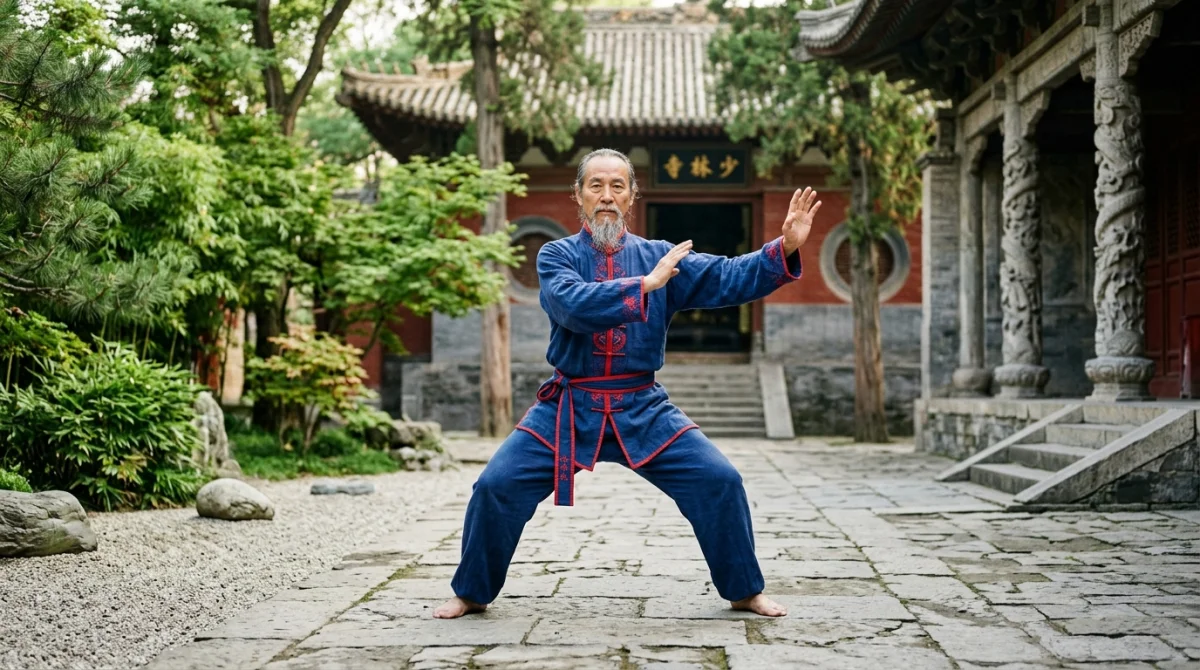 Maître en uniforme traditionnel pratiquant un art martial chinois devant un ancien temple shaolin serein.