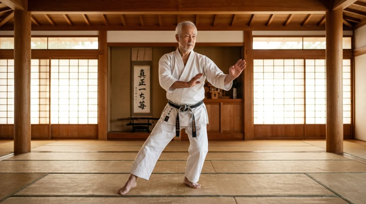 Maître en kimono blanc pratiquant un mouvement fluide dans un dojo traditionnel en bois, arts martiaux japonais.