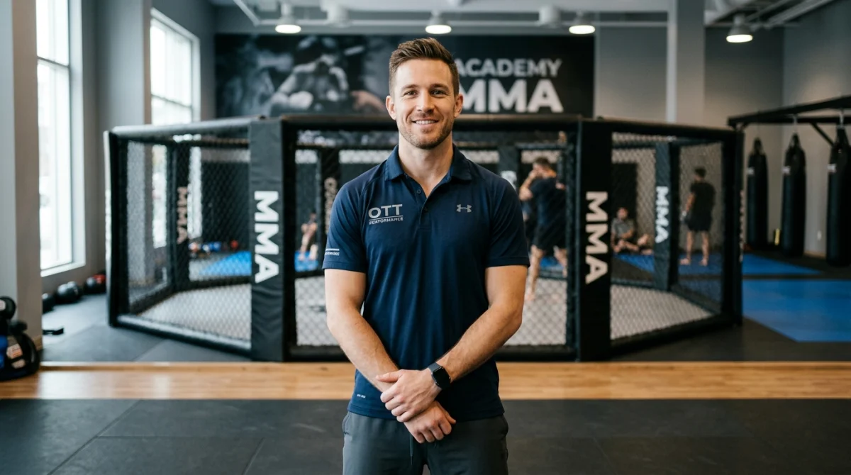Portrait professionnel de Nicolas Ott, coach de MMA, posant avec assurance dans un gymnase moderne et épuré.
