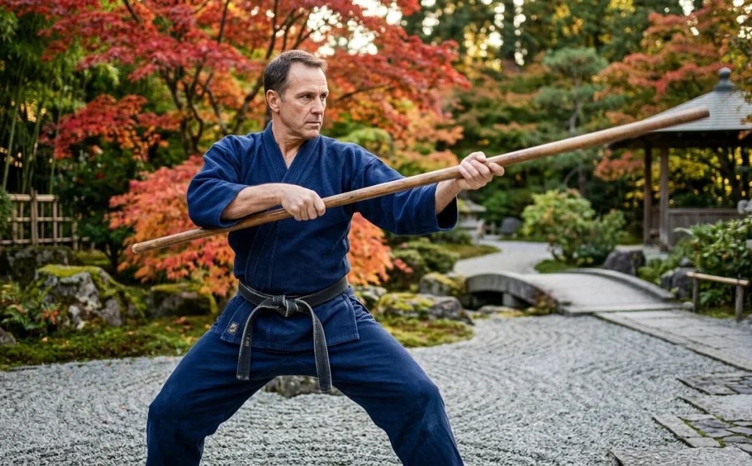 Pratiquant en kimono bleu effectuant une posture dynamique d'art martial avec un bâton dans un jardin zen.