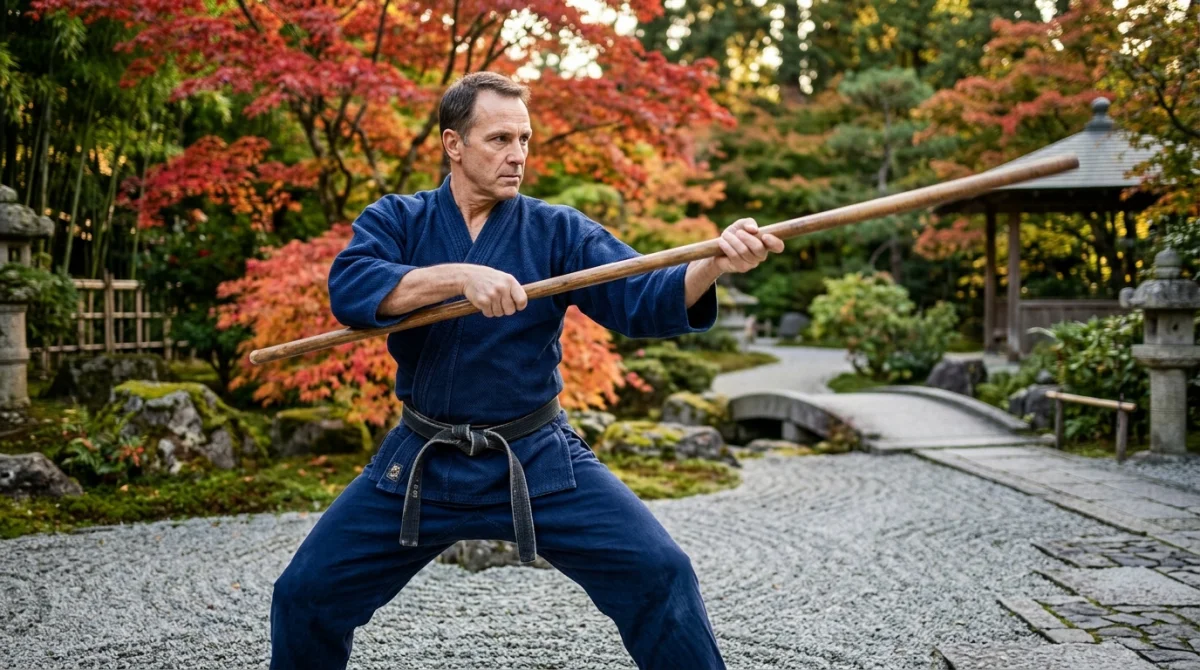 Pratiquant en kimono bleu effectuant une posture dynamique d'art martial avec un bâton dans un jardin zen.