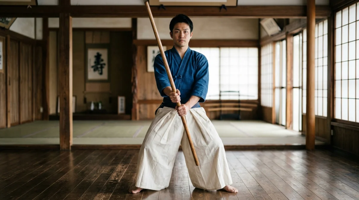 Pratiquant d'art martial en kimono tenant un bâton long dans un dojo traditionnel japonais lumineux.