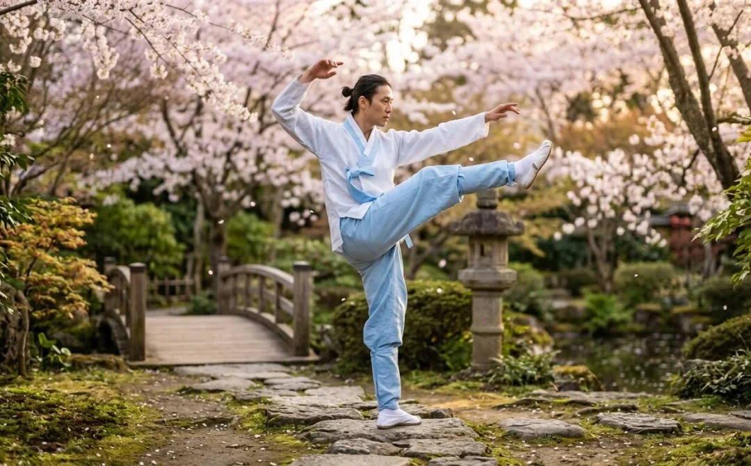 Pratiquant de Taekkyon en tenue traditionnelle effectuant un mouvement fluide dans un jardin zen aux cerisiers en fleurs.