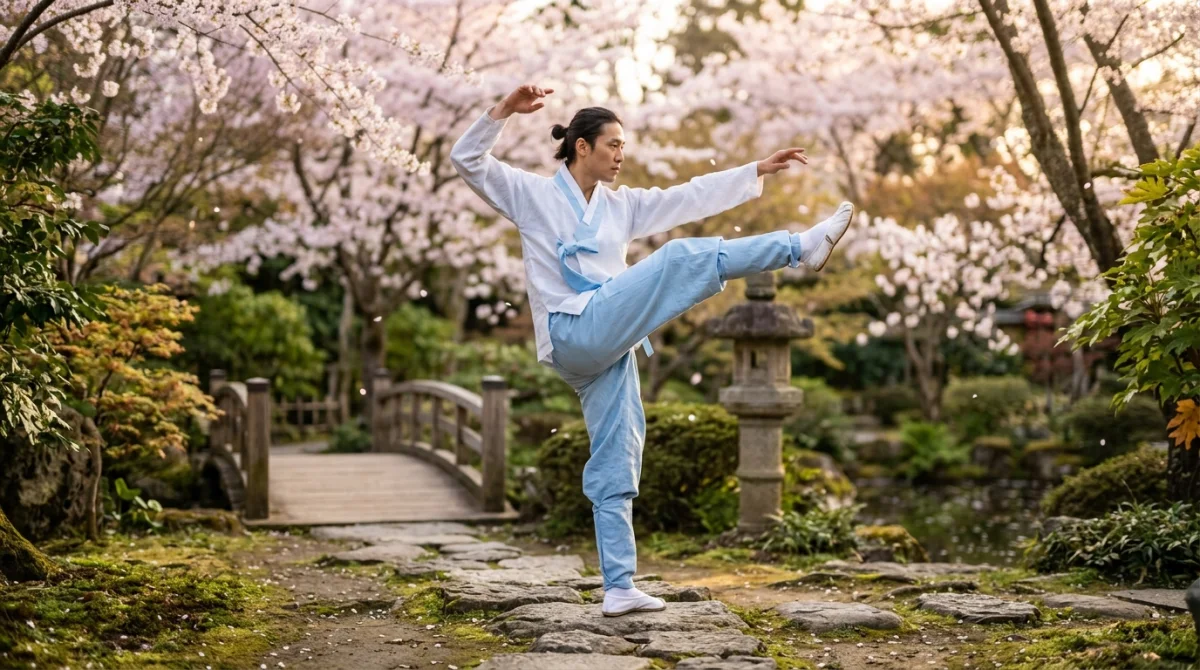 Pratiquant de Taekkyon en tenue traditionnelle effectuant un mouvement fluide dans un jardin zen aux cerisiers en fleurs.