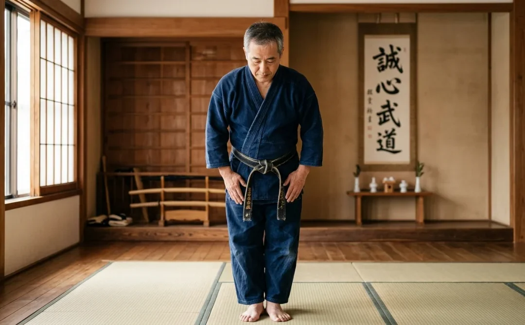 Pratiquant expérimenté en keikogi bleu saluant respectueusement dans un dojo traditionnel pour les arts martiaux japonais.