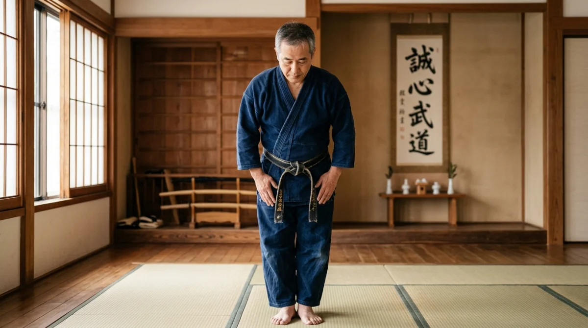 Pratiquant expérimenté en keikogi bleu saluant respectueusement dans un dojo traditionnel pour les arts martiaux japonais.