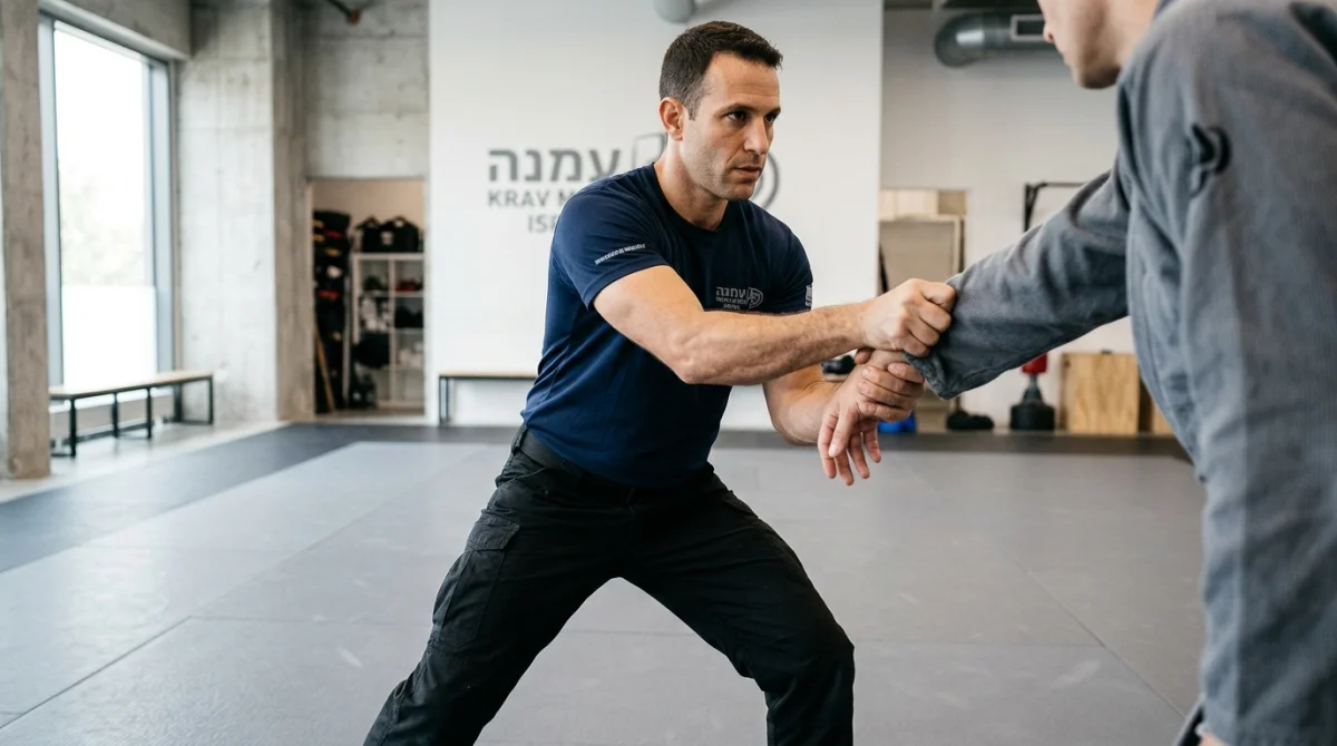 Pratiquant d'art martial israélien en position de garde défensive maîtrisant une saisie dans un studio moderne.