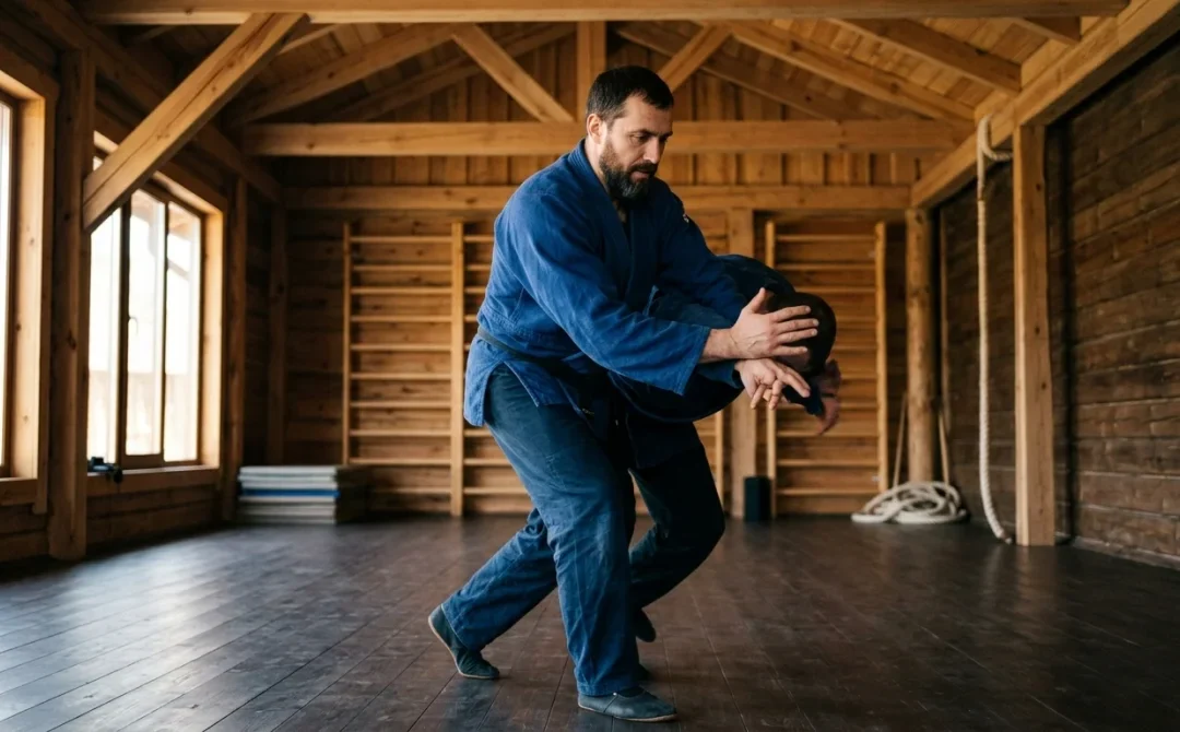 Pratiquant d'art martial russe en tenue traditionnelle exécutant une technique de contrôle fluide dans un gymnase en bois.