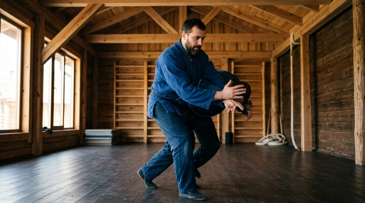Pratiquant d'art martial russe en tenue traditionnelle exécutant une technique de contrôle fluide dans un gymnase en bois.