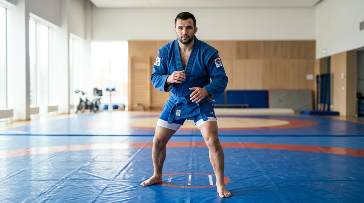 Pratiquant de Sambo en veste de combat traditionnelle sur un tapis de lutte dans un gymnase moderne.