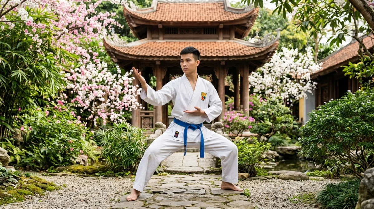 Pratiquant en tenue traditionnelle effectuant une posture d'art martial vietnamien dans un jardin zen paisible.