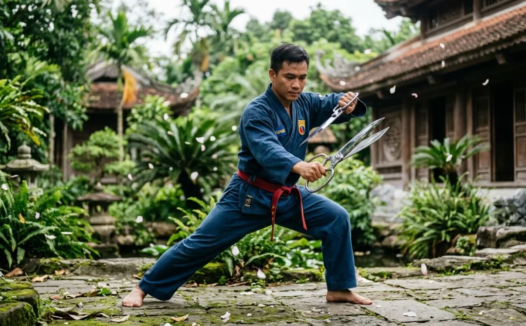 Pratiquant d'arts martiaux vietnamiens en uniforme bleu effectuant une posture dynamique avec des ciseaux traditionnels dans un jardin.