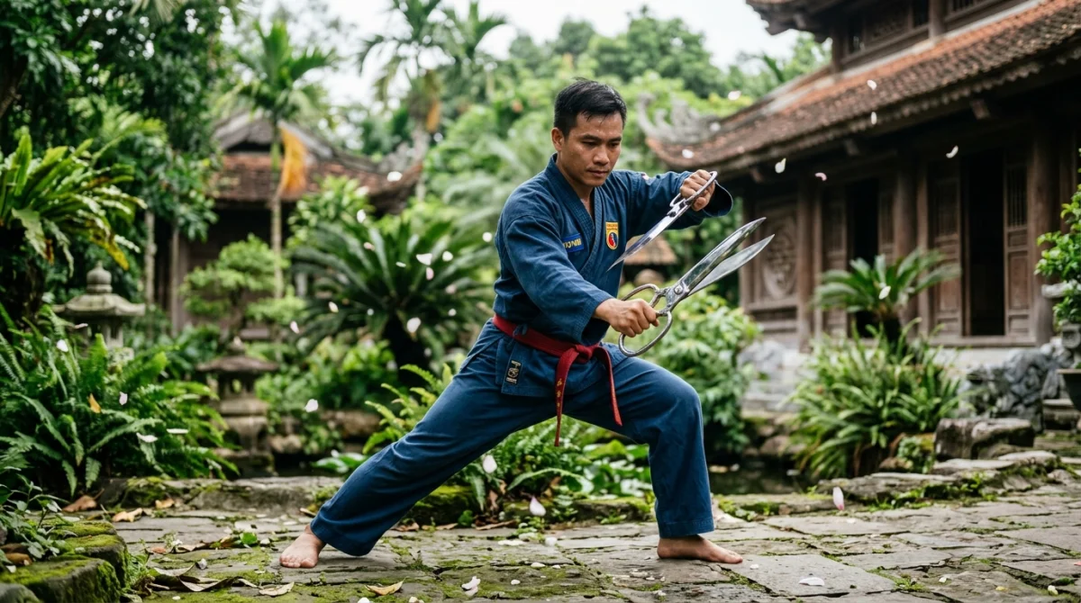 Pratiquant d'arts martiaux vietnamiens en uniforme bleu effectuant une posture dynamique avec des ciseaux traditionnels dans un jardin.
